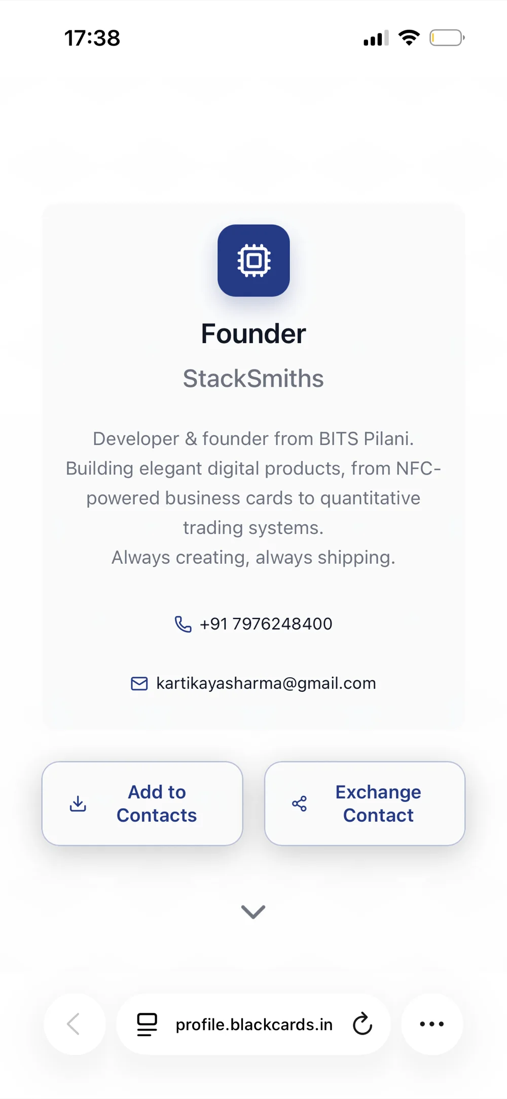 Profile about section and contact buttons